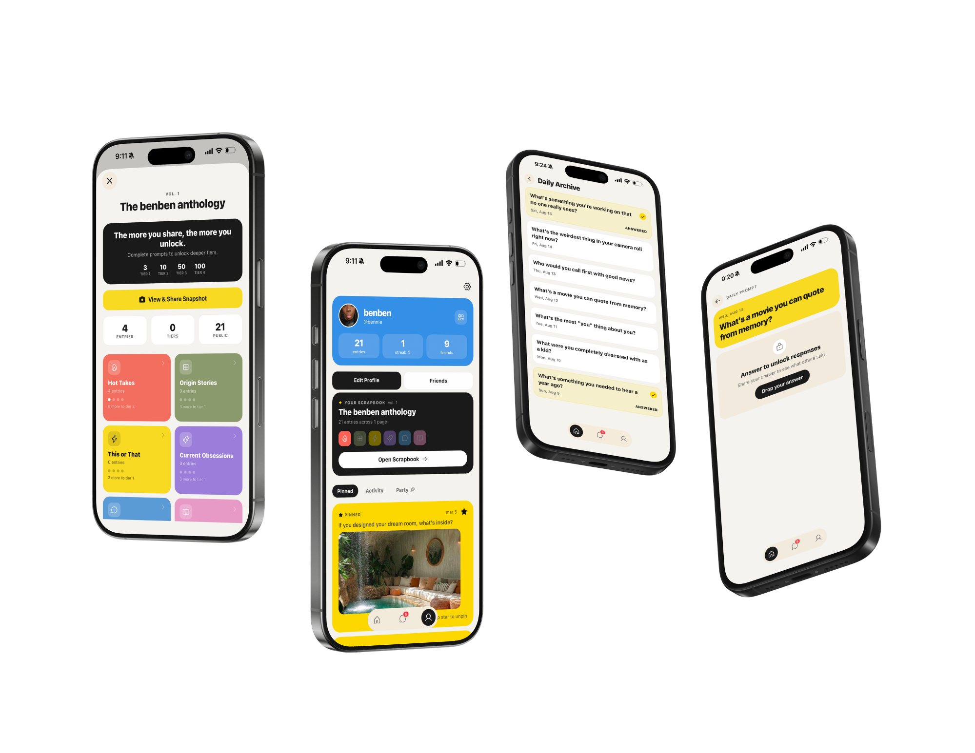 Four Limbo screens: a tiered anthology unlock screen, a profile with scrapbook and streak, a daily archive of answered prompts, and a locked daily prompt requiring an answer to reveal friends' responses.